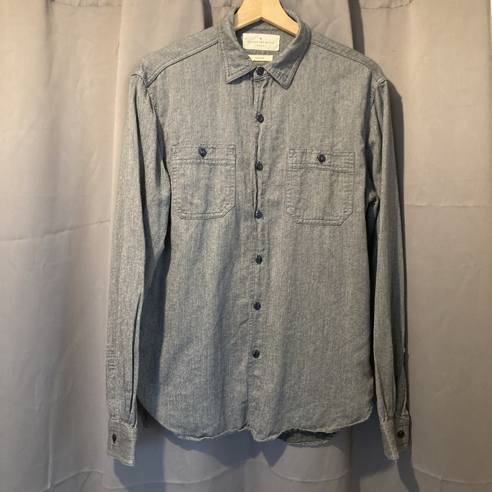 Imogene and Willie Men M Carter‎ Chambray Button Up Shirt Gray Cotton USA Made